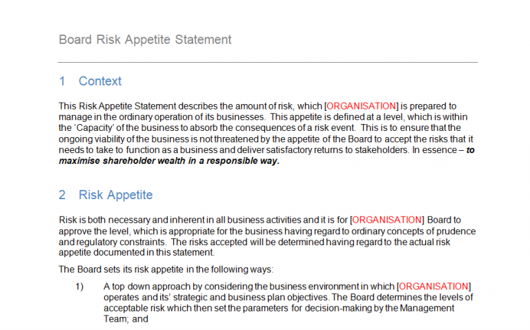 Risk Appetite Statement Example