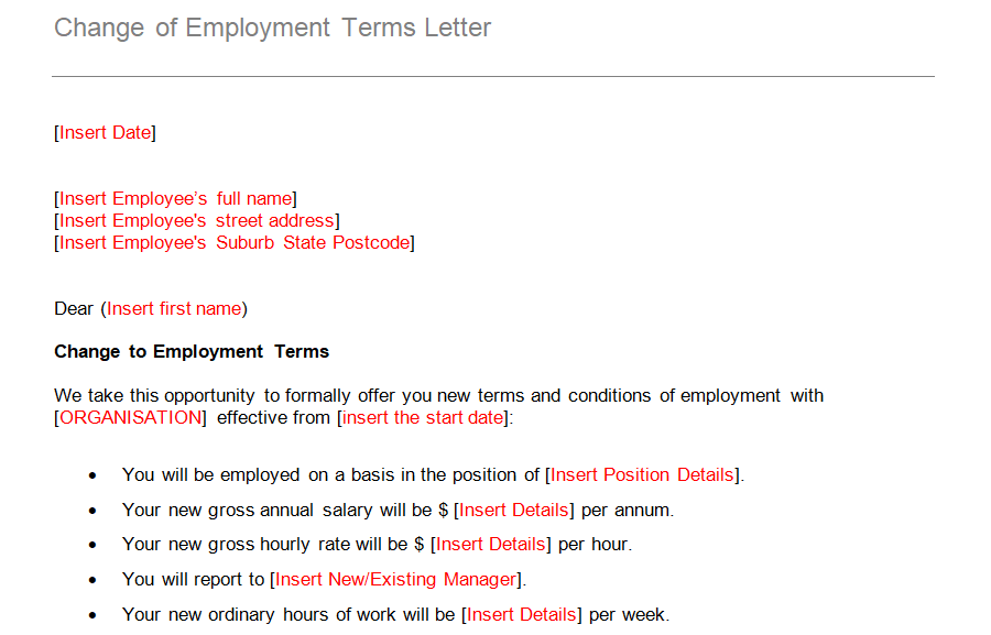 Letter For Change To Employment Terms GRCReady