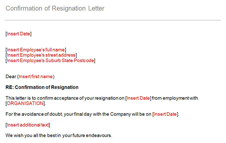 Confirmation Of Resignation Letter Template