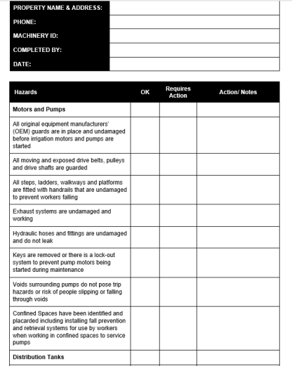 Checklist for Irrigation Pumps & Motor Hazards