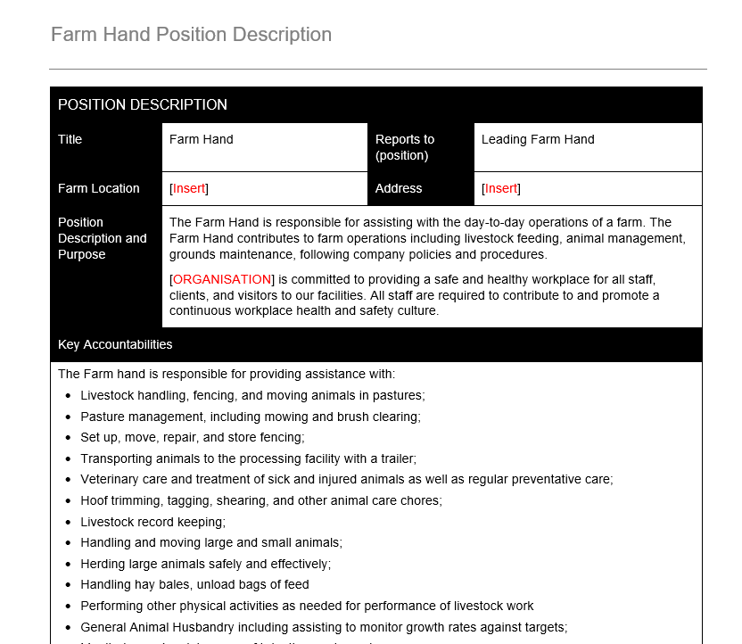 Position Description For Farm Hand GRCReady