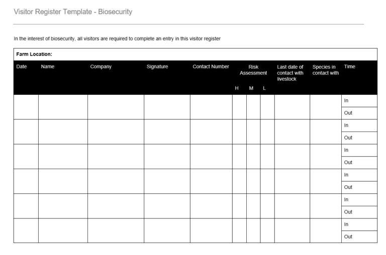 Template for Visitor Register (Biosecurity) – GRCReady