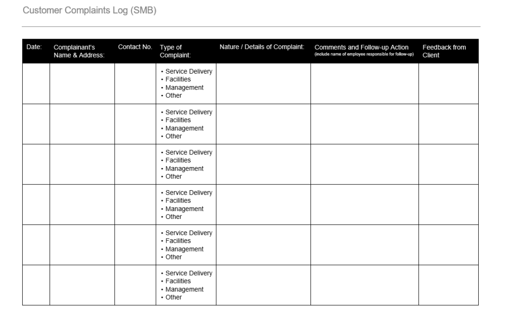 Log for Customer Complaints (SMB) – GRCReady