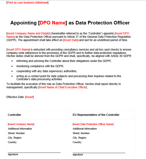 Letter for Appointment of Data Protection Officer GRCReady